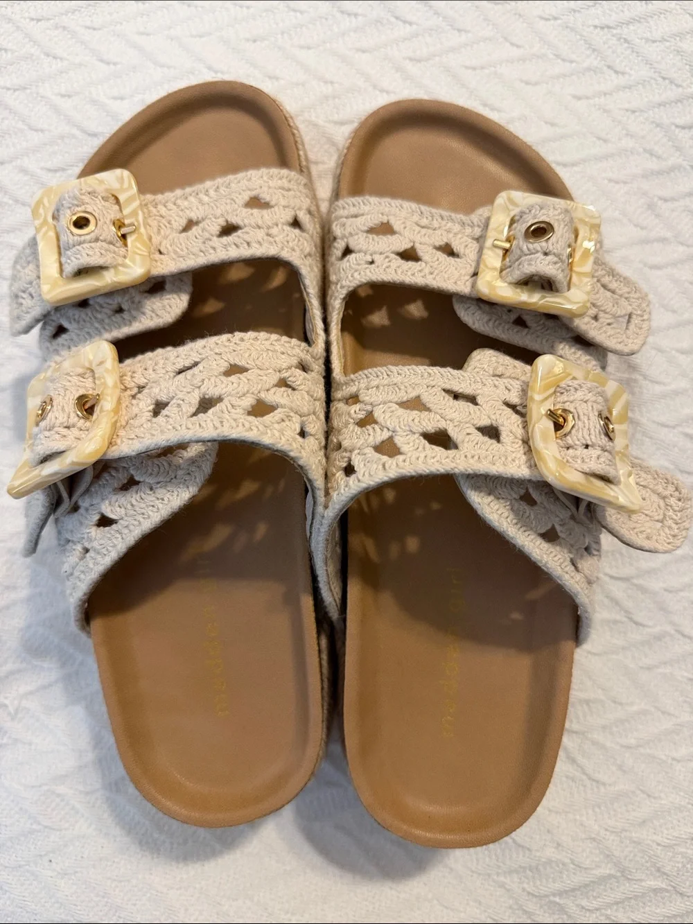 Madden Girl Beige Crochet Double-Buckle Platform Sandals